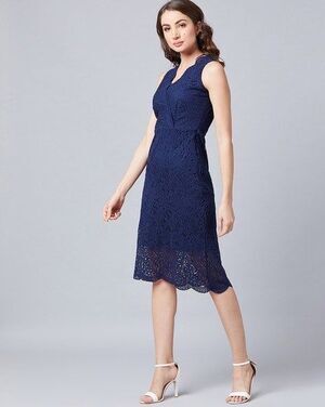 OSERJEP Scallop Eyelet Floral Lace Surplice V Neck Sheath Midi Dress Back Slit S